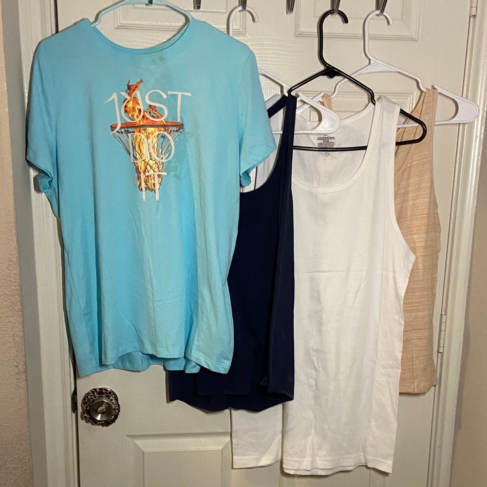 Nike Light Blue Graphic Tee with Navy, White & Beige Tanks